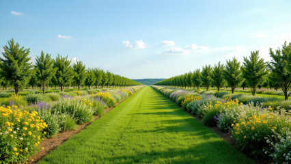 Obraz premium A picturesque view of an organic farm with a sunlit path through rows of vibrant trees and plants.