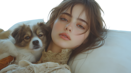 Closeup portrait of a young woman and her dog resting together