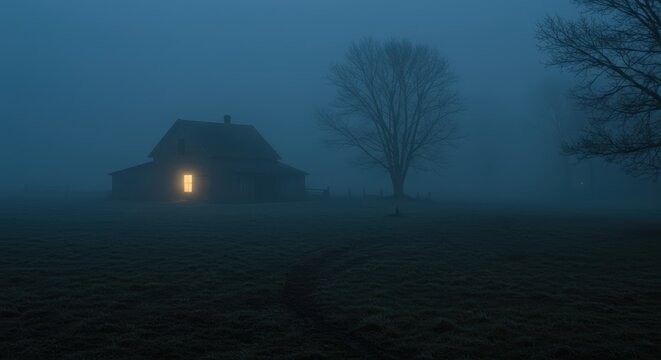 Mysterious house in dense fog at night with single glowing window. Eerie landscape suggesting paranormal activity or isolation, suitable for Halloween or horror themes.