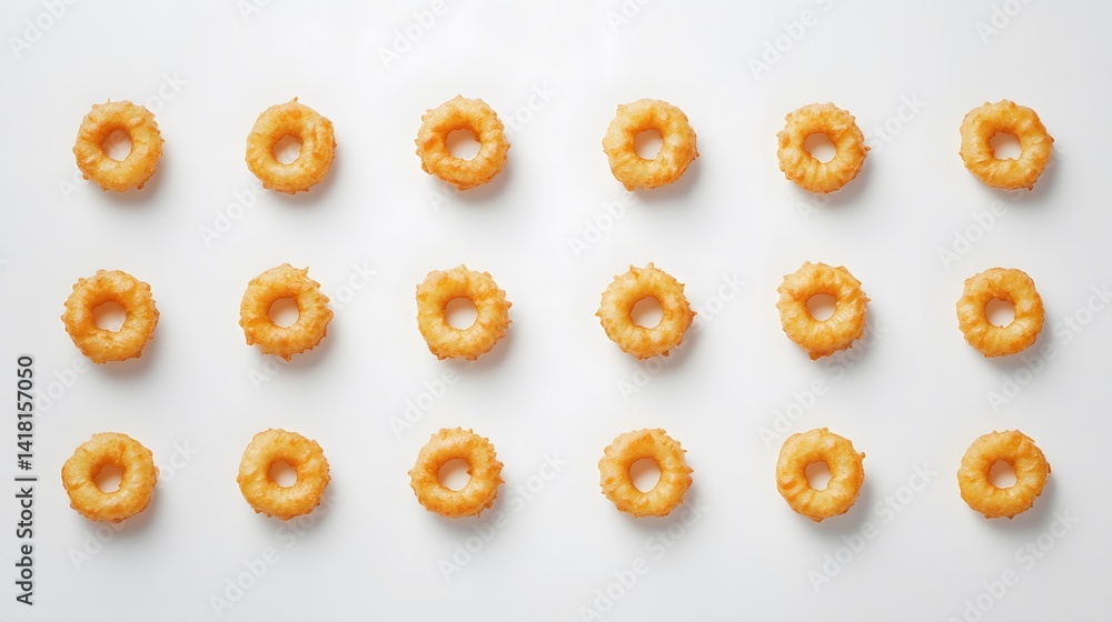 Poster overhead shot of twenty golden-brown fried dough rings arranged in four rows of five on a white back