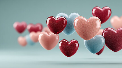 Soft mint background with a cluster of floating glass hearts in shades of pink and blue, soft reflections, space for text on the left, romantic and serene design

