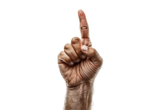 A weathered hand, index finger raised, signifies guidance and experience against a clean white background.