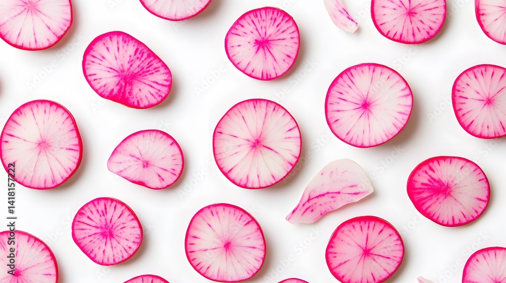 Aufkleber a flat lay overhead shot of vibrant pink radish slices arranged on a white background. the radish sl