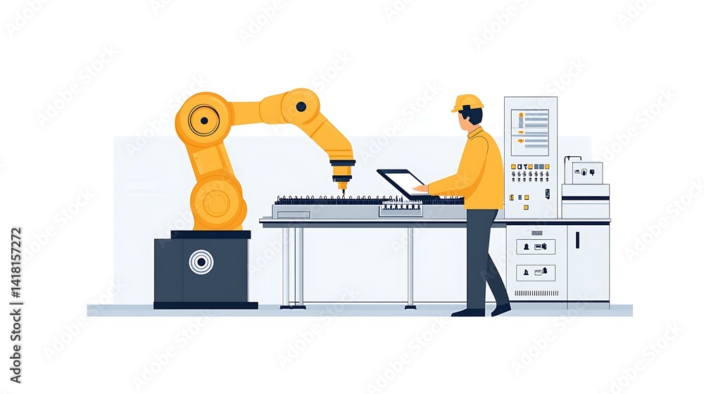 Poster automated precision: an illustration of a worker and a robot arm working together, symbolizing the f