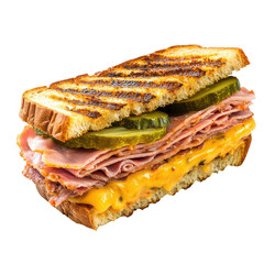 Cuban sandwich with ham, roast pork, cheese, and pickles for a savory, flavorful bite, Isolated Transparent Background