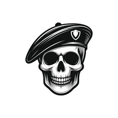 Skull Wearing Beret Illustration in Black and White