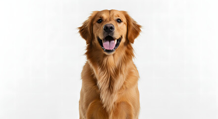 a beautiful, smiling golden retriever dog, posing with a happy expression on a white background.