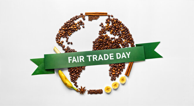 World Fair Trade Day 2025 Composition Earth Shape From Products Such As Coffee Beans Bananas Sugarcane and Spices Flat Lay Arrangement on White Background 