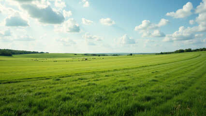 Obraz premium Bountiful green field under blue sky, symbolizing agriculture or permaculture.