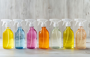 Colorful Cleaning Spray Bottles on Wooden Surface
