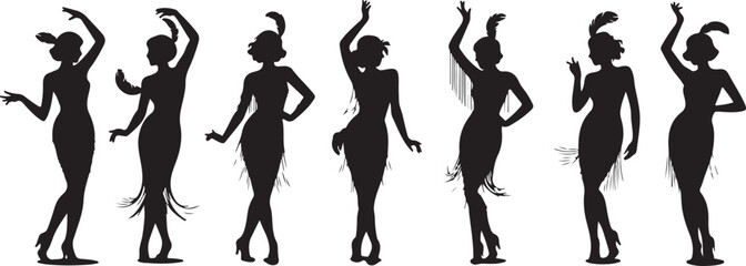 Black vector silhouettes of flapper girls dancing, perfect for 1920s, jazz, and vintage themed party graphic designs