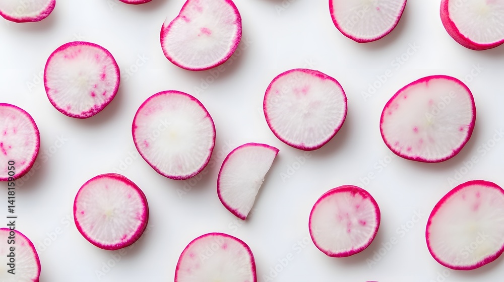 Aufkleber overhead shot of sliced red radishes arranged on a white background. the radishes are vibrant and ev