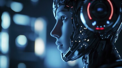 Fototapeta premium Humanoid Robot Side Profile with Glowing Lights in Cityscape at Night