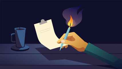 A trembling hand writes a letter in a dimlylit room the only source of comfort being the soft glow of a candle. Its a letter of goodbye a final outlet. Vector illustration