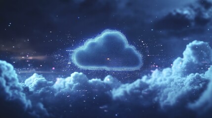 Digital Cloud of Blue Dots in Night Sky with Glowing Particles