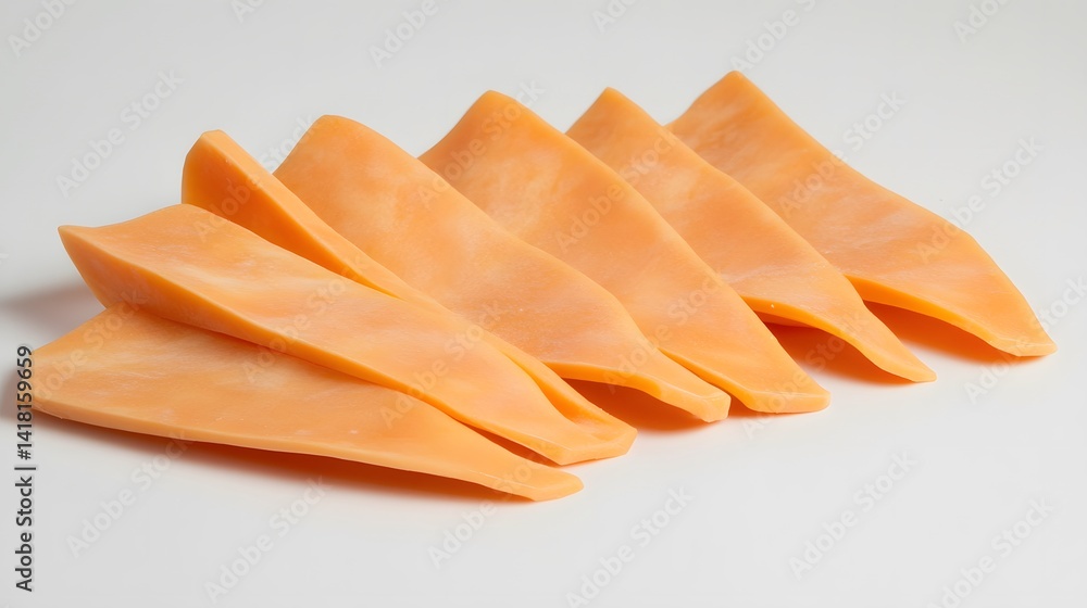 Poster close-up of six vibrant orange slices arranged in an overlapping pattern against a stark white backd