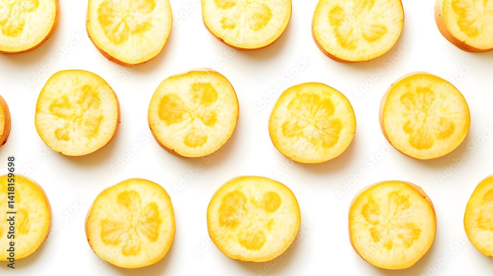 Poster overhead shot of multiple slices of golden yellow sweet potatoes arranged in a repeating pattern aga