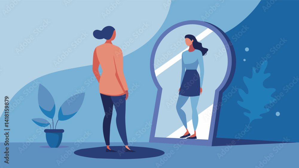 Aufkleber a watercolor painting depicting a person standing in front of a mirror with their reflection distort