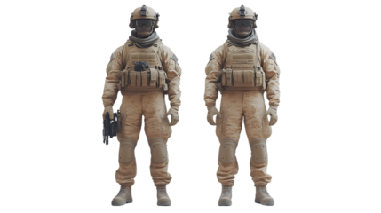 Military personnel in tactical gear standing ready with combat equipment and firearms ideal f