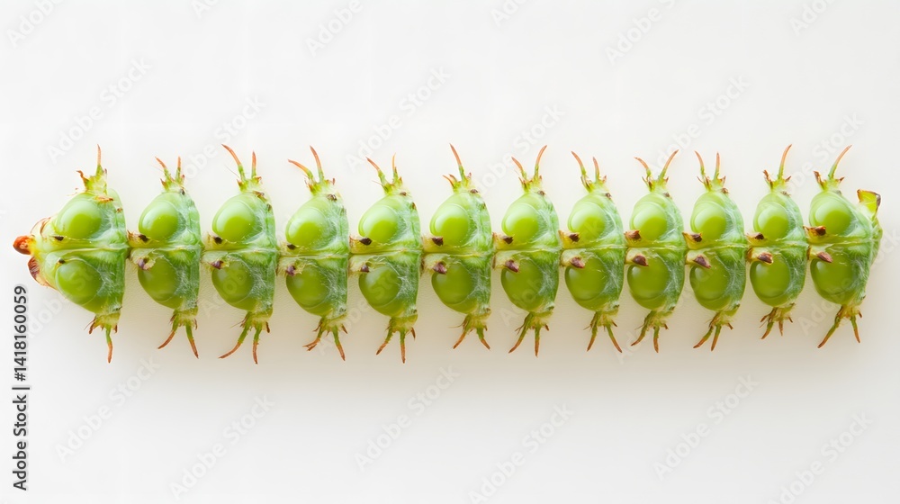 Poster close-up of a row of green seed pods, arranged in a linear pattern against a white background. the p