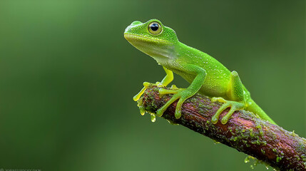 Obraz premium Green Frog Perched On Branch In Lush Forest