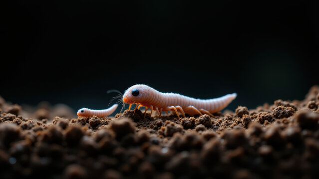 Close-up view of two red wrigglers on top of compost for permaculture use.