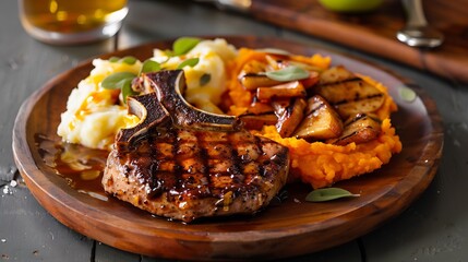 American style pork chops caramelized apples and mashed sweet potatoes on rustic wooden plate