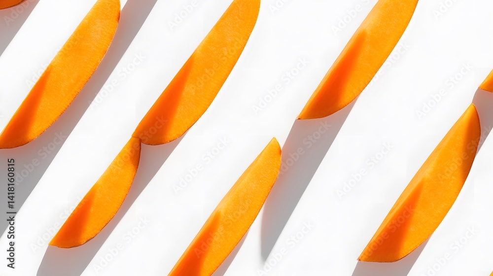 Poster bright orange carrot slices arranged diagonally on a white background, creating a vibrant and minima