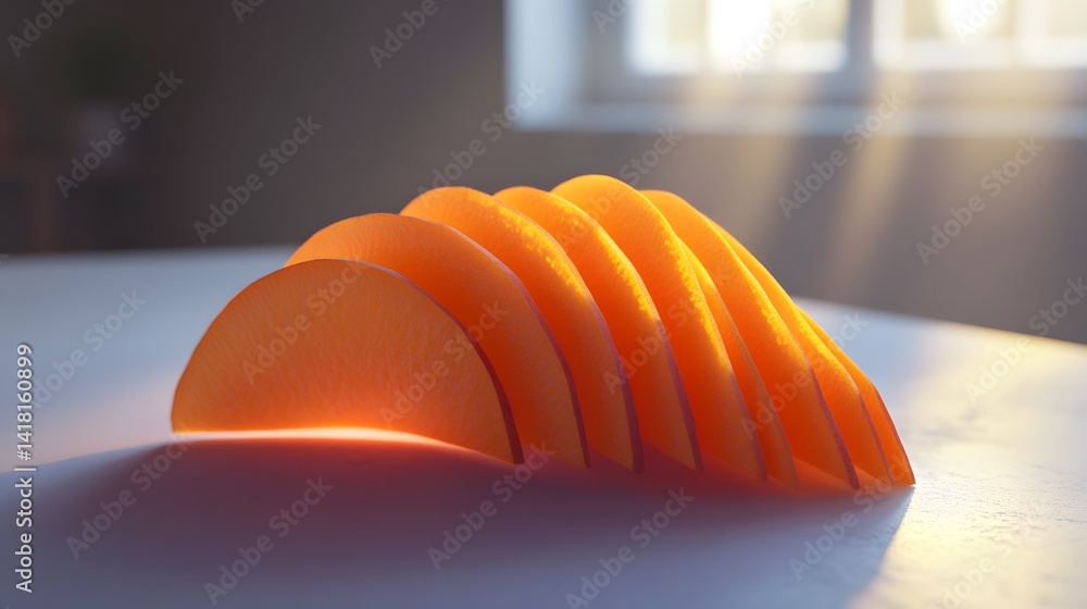 Poster slices of apricot arranged in an arc, illuminated by sunlight streaming through a window. the vibran
