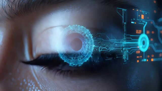 Close-Up of a Human Eye with Digital and Futuristic Technology Interface Overlaid, Representing Advanced Vision and Artificial Intelligence

