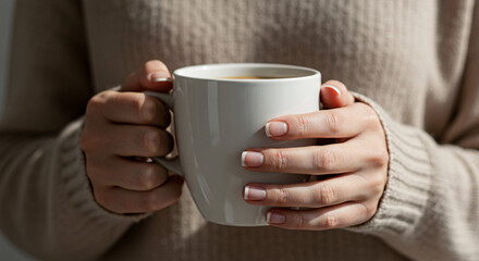 Close-Up of Hands Holding White Coffee Mug in Cozy Morning Light – Minimalist and Serene Lifestyle Moment
