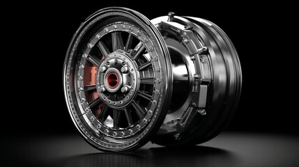 3D illustration of car wheel with brake system Dark background shows detailed structure