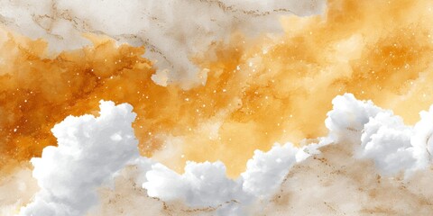 Abstract painting of a blue sky with white clouds on textured canvas in natural light.