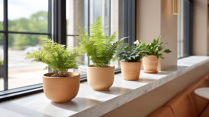 Fototapeta premium A row of mixed ferns in terracotta pots lining a concrete windowsill, morning rays illuminating their fronds in a spacious coworking space