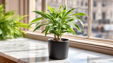 Fototapeta premium A single dracaena plant in a black planter on a quartz desk, afternoon sunlight filtering through open blinds onto the polished surface