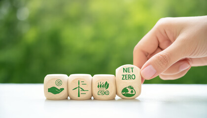 Environmental concepts, environment, carbon, recycling, society, industry and solar energy. sustainable natural energy Green icon on a wooden block