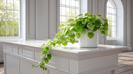 Fototapeta premium A single philodendron scandens trailing across a white desk, afternoon light from high windows casting delicate leaf patterns on the surface