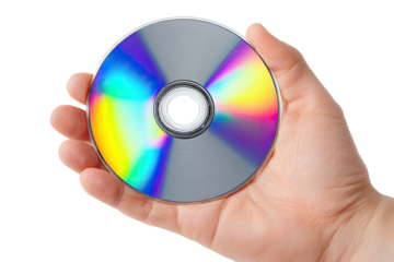 A hand gently cradles a shimmering CD, its rainbow hues reflecting a trove of memories and digital stories, against a pure white backdrop.