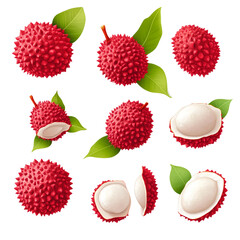 A set of ripe lychee fruits one whole and six differently peeled, lychee peel and leaves on a transparent background