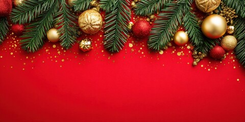 Festive Christmas decorations with gold glitter accents on a vibrant red background, perfect for holiday designs.