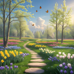 Fototapeta premium Spring landscape with flowers and butterflies