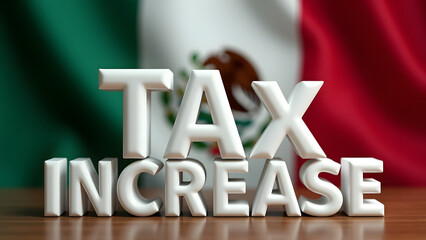 Mexican flag backdrop with modern "TAX INCREASE" text incorporating tricolor accents. Official yet visually engaging composition.