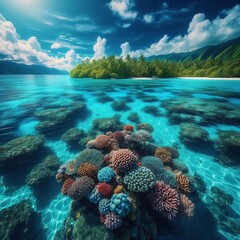 Naklejka premium Crystal clear coral reef below