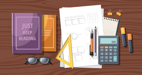 Back to school concept. Top view photo of school supplies calculator, paper, glasses, ruler, pen, book and marker pens on table