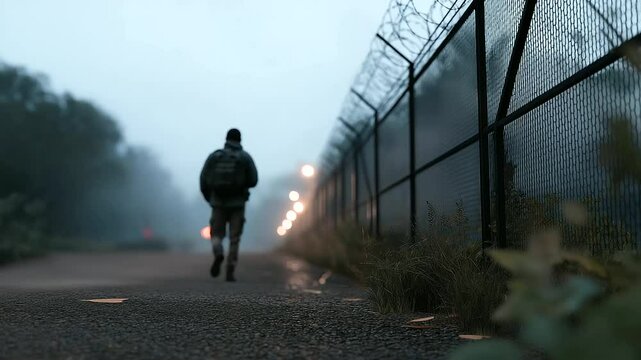 Guard Patrolling a Fenced Perimeter in Foggy Evening Outpost