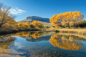 Fototapeta premium River flows past yellow trees, backdrop of majestic mountains.