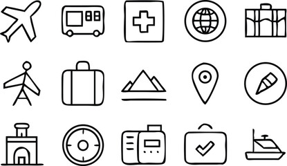 Travel Icon Set for Tourism and Adventure Design. Clean Travel Icons for Apps and Booking Websites.
Minimal Line Icons for Travel and Vacation Projects. Black Outline Travel Icons for Web and Mobile