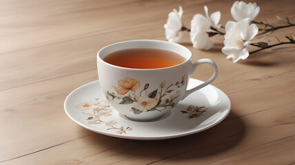Fototapeta premium Cup of tea with magnolia blossom on wooden background.