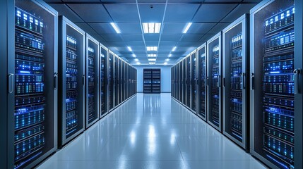Server room with racks of data storage, glowing lights, high-tech infrastructure, organized layout, modern design, and efficient cooling systems
