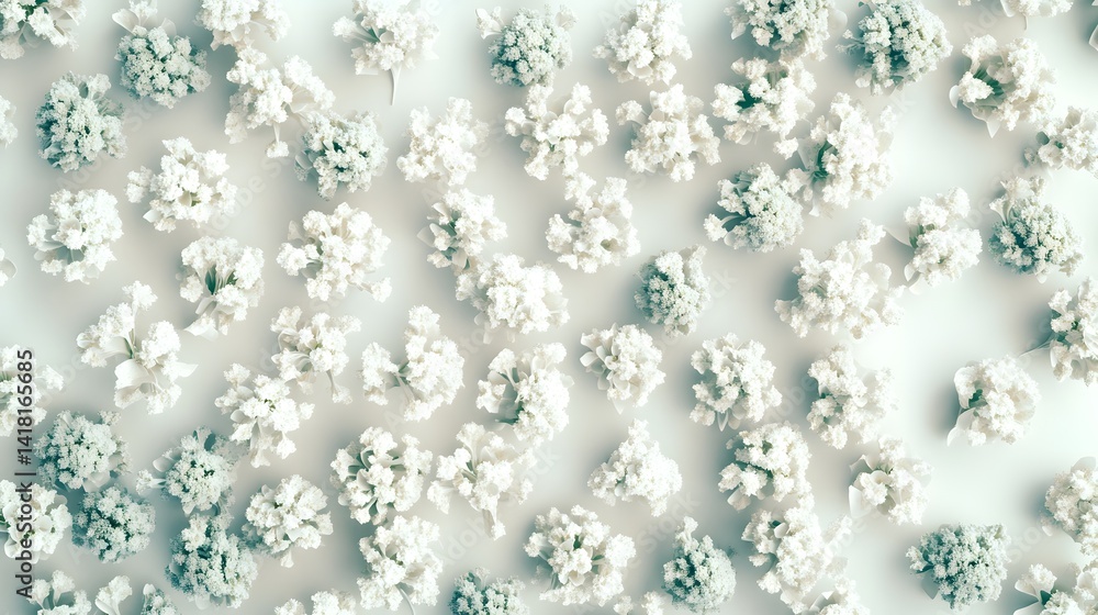Poster overhead shot of numerous small, white flower clusters arranged in a repeating pattern on a light gr